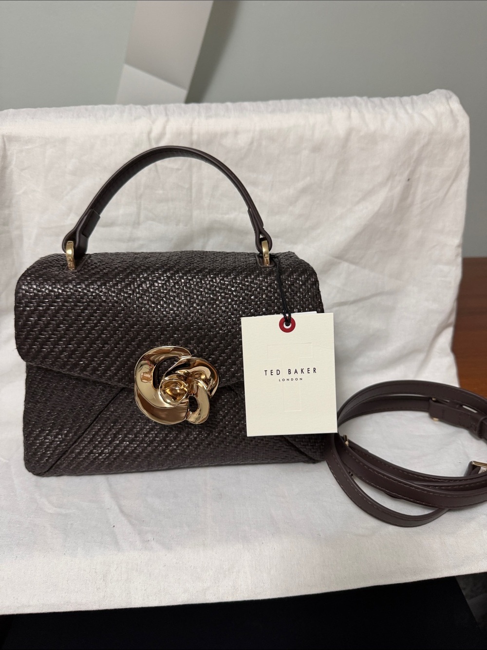 Ted Baker Dark Brown Woven Crossbody with Gold Knot Accent